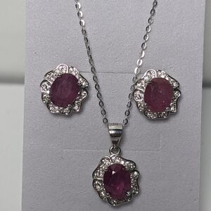Silver 925 Necklace & Earring Set Natural Ruby With CZ Accents 17" New Elegant